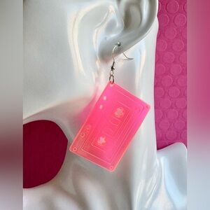 New Retro 80s 90s Style Neon Pink Acrylic Cassette Music Mix Tape Earrings 3”